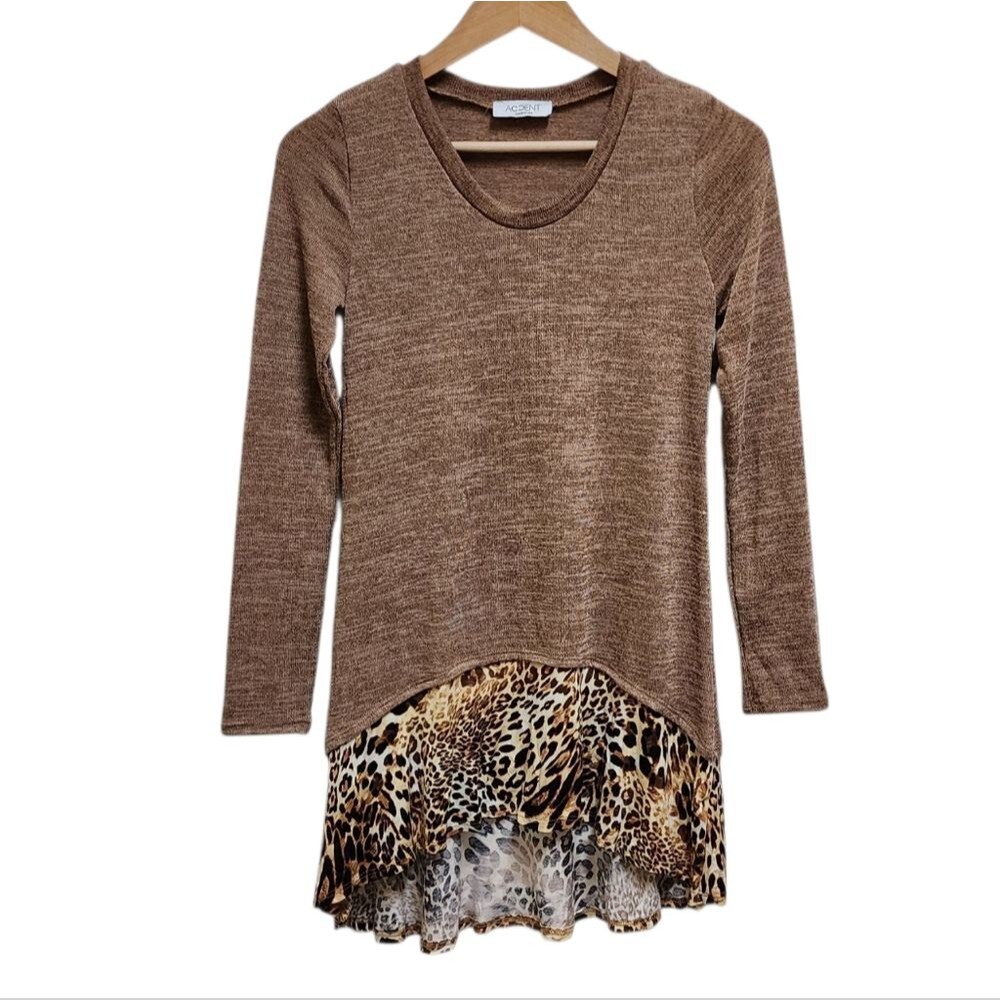Accent Brown Leopal Print Stretch Knit Tunic Top Women S Hi Low Layered Pullover